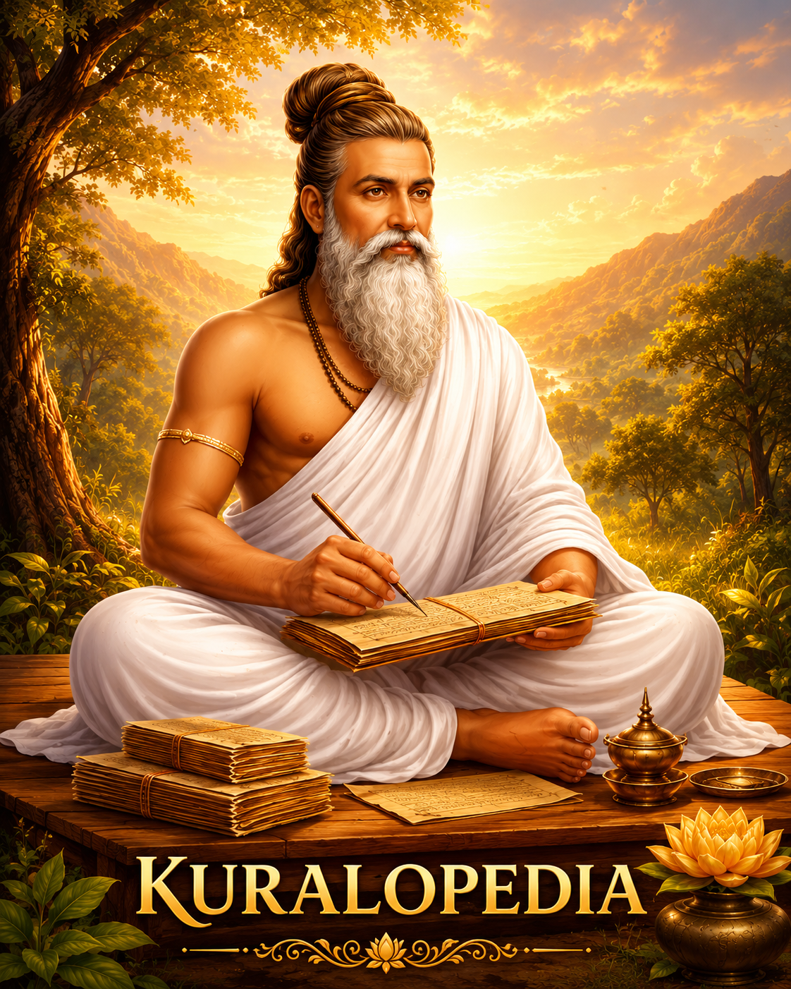 Thiruvalluvar — Tamil poet and philosopher, seated with palm leaf manuscripts
